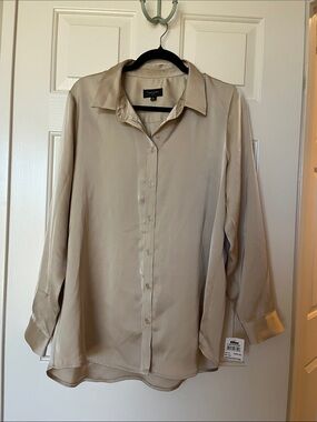 Tahari ASL Beige Satin-Look Button-Down Shirt